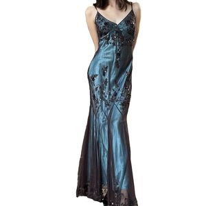 90s Vintage silk beaded Papell Boutique evening maxi dress